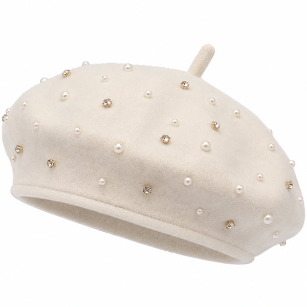 Berretto Elegante con Perle e Strass Donna Avorio