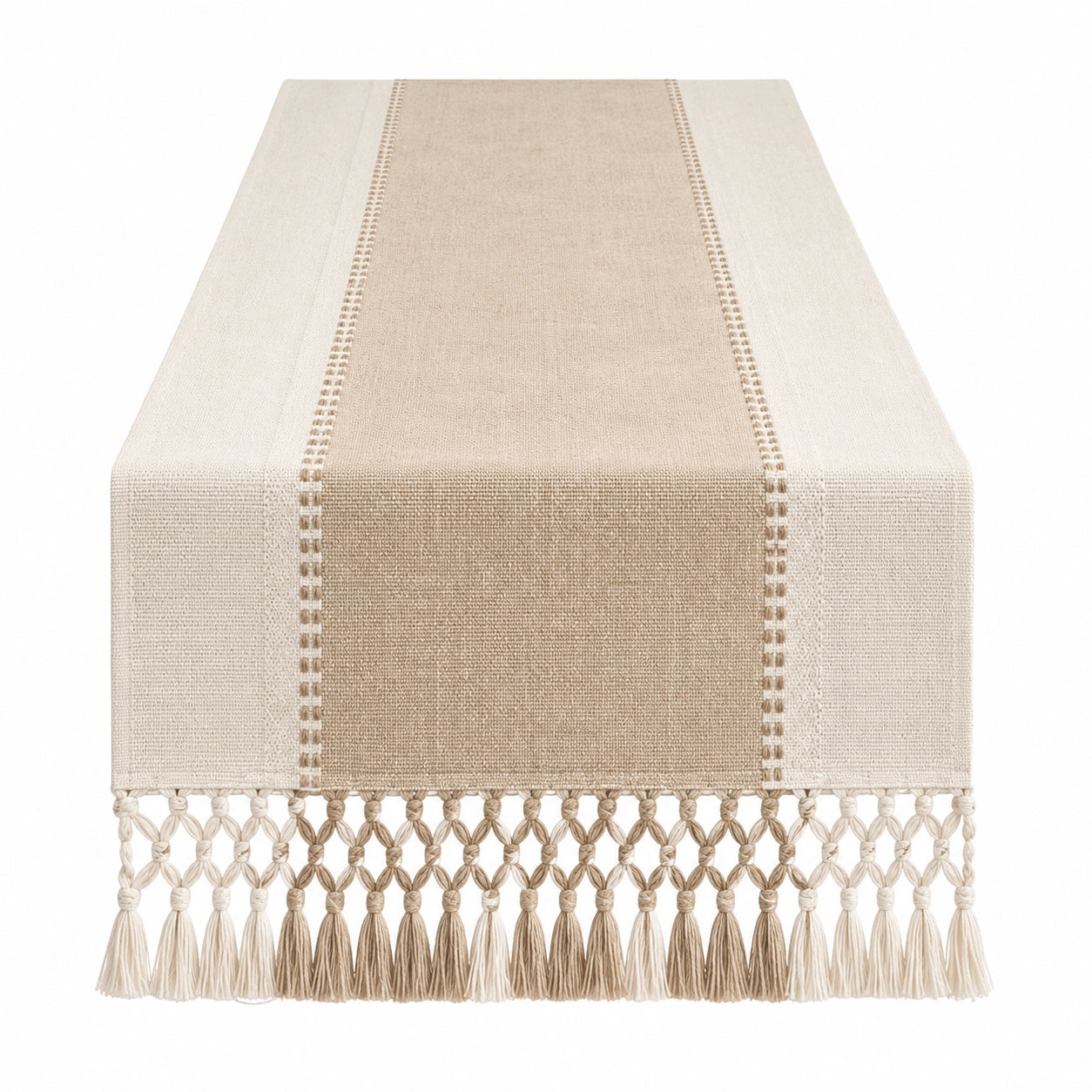 Runner da Tavolo Beige con Frange in Stile Macramè