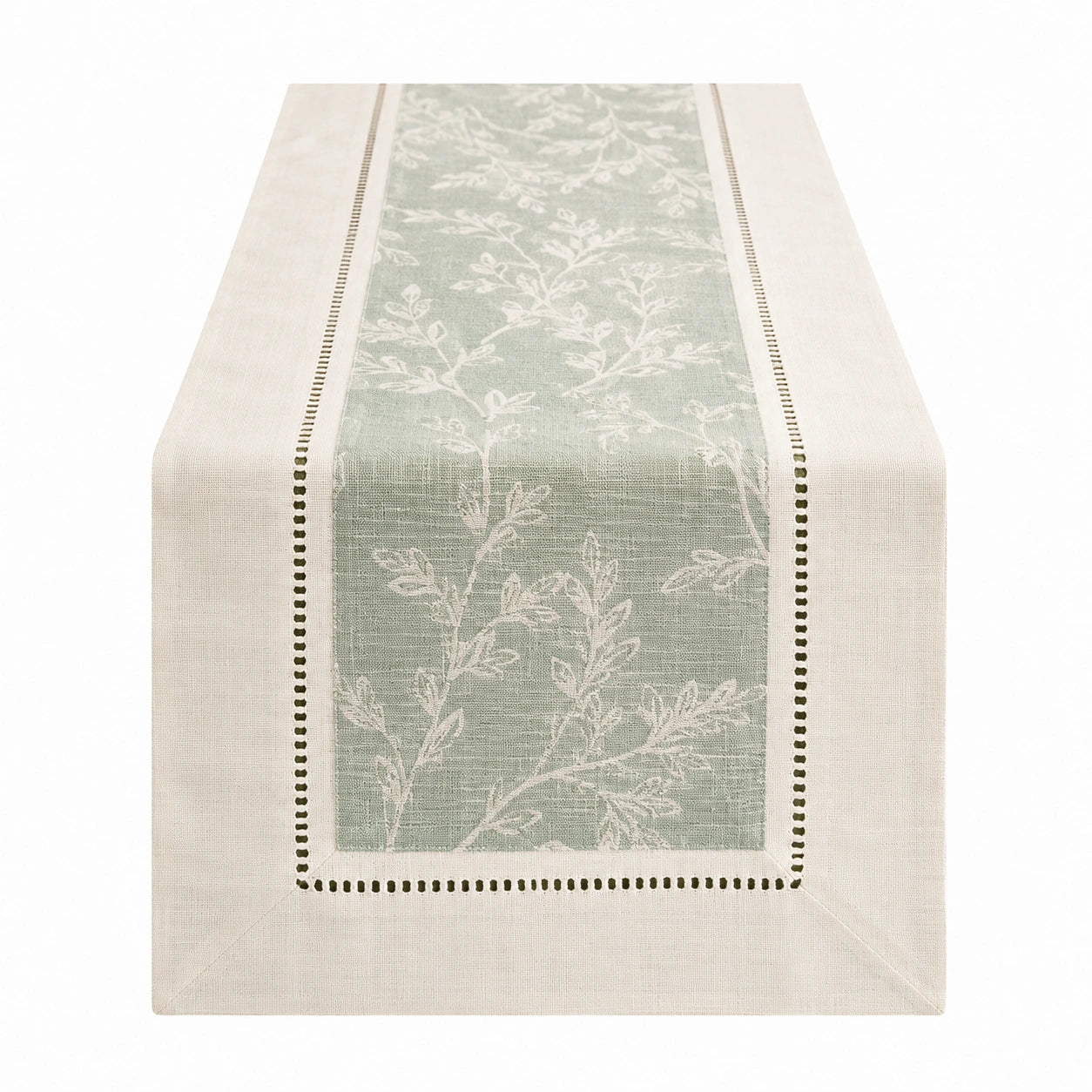 Runner da Tavolo Verde Menta Ricamato Motivo a Foglie 140x40cm
