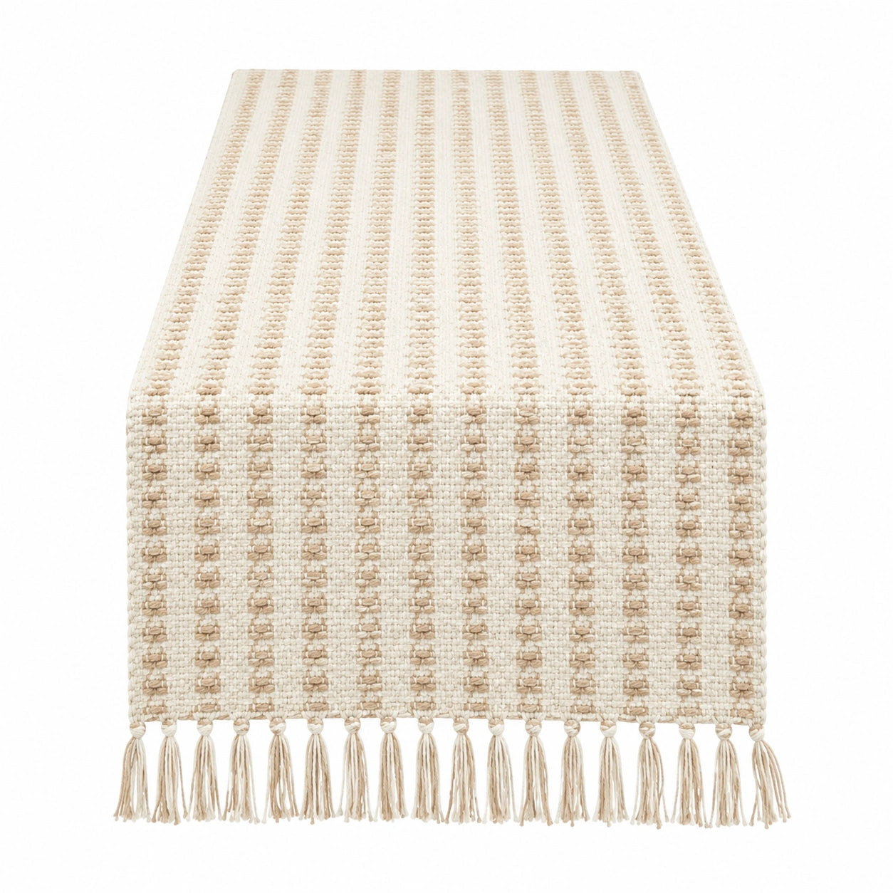 Runner da Tavolo Beige a Strisce con Frange 180x33 cm