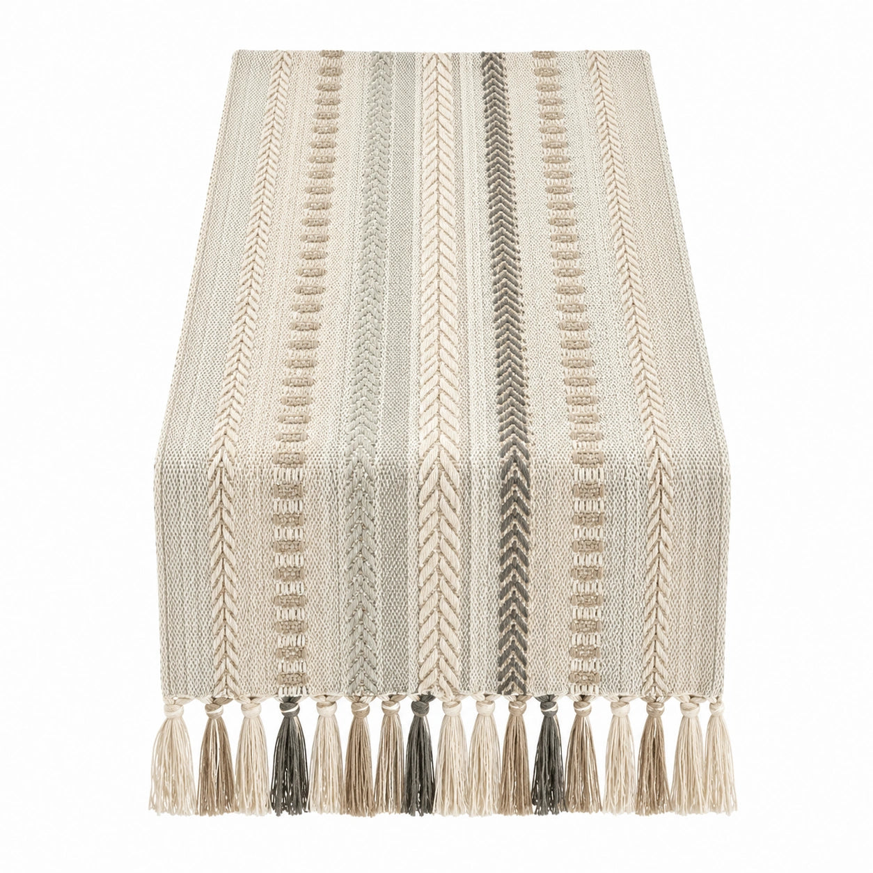 Runner da Tavolo Beige con Motivo a Righe e Nappe