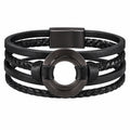Bracciale in Pelle Nero Multistrato con Cerchio in Metallo