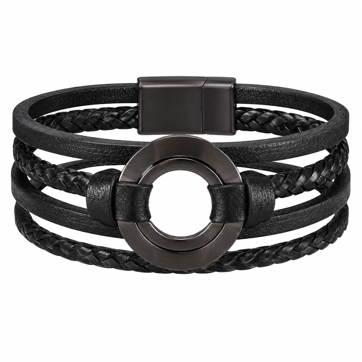 Bracciale in Pelle Nero Multistrato con Cerchio in Metallo
