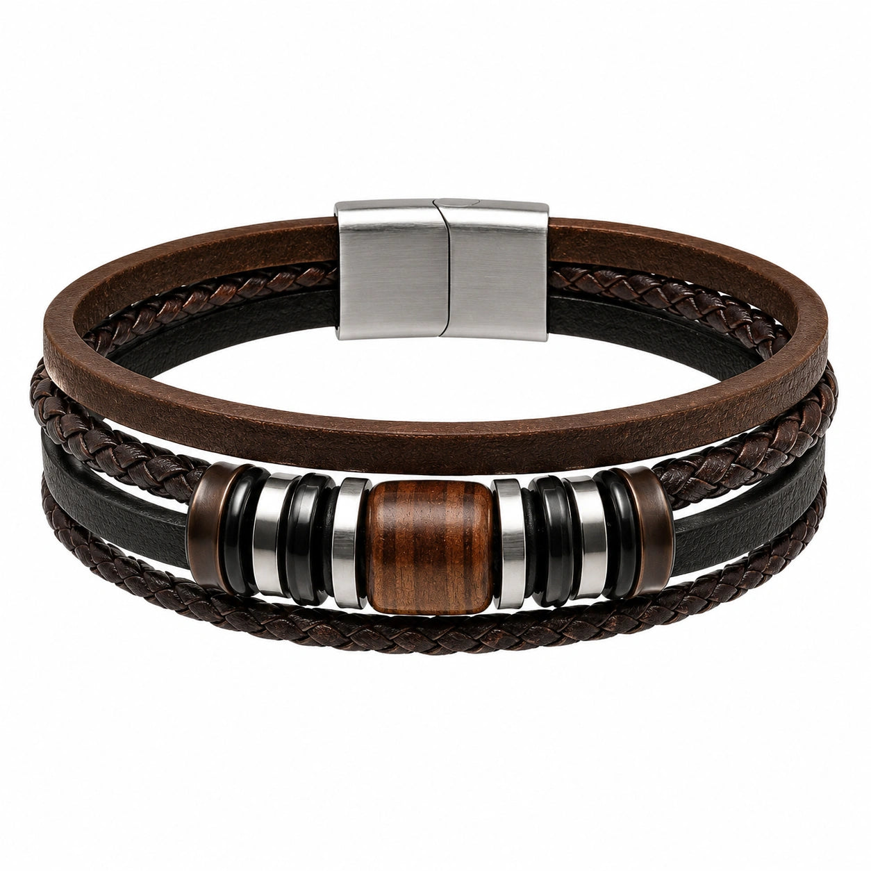 Bracciale Uomo in Pelle Intrecciata con Dettagli in Legno e Acciaio