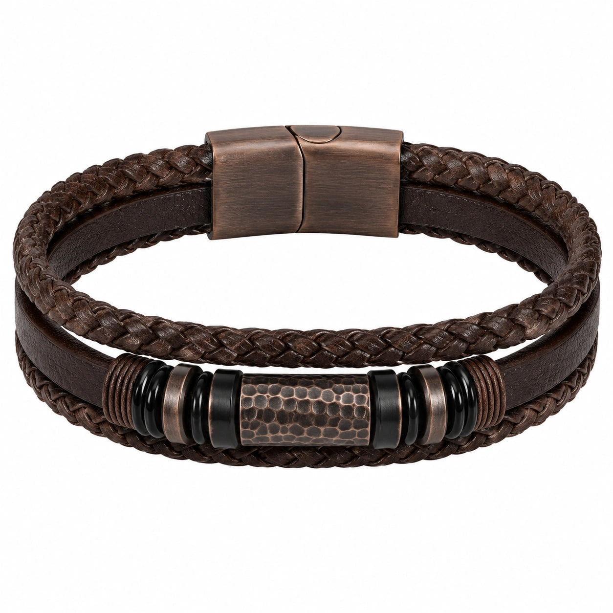 Bracciale Multistrato in Pelle Marrone con Fibbia Magnetica