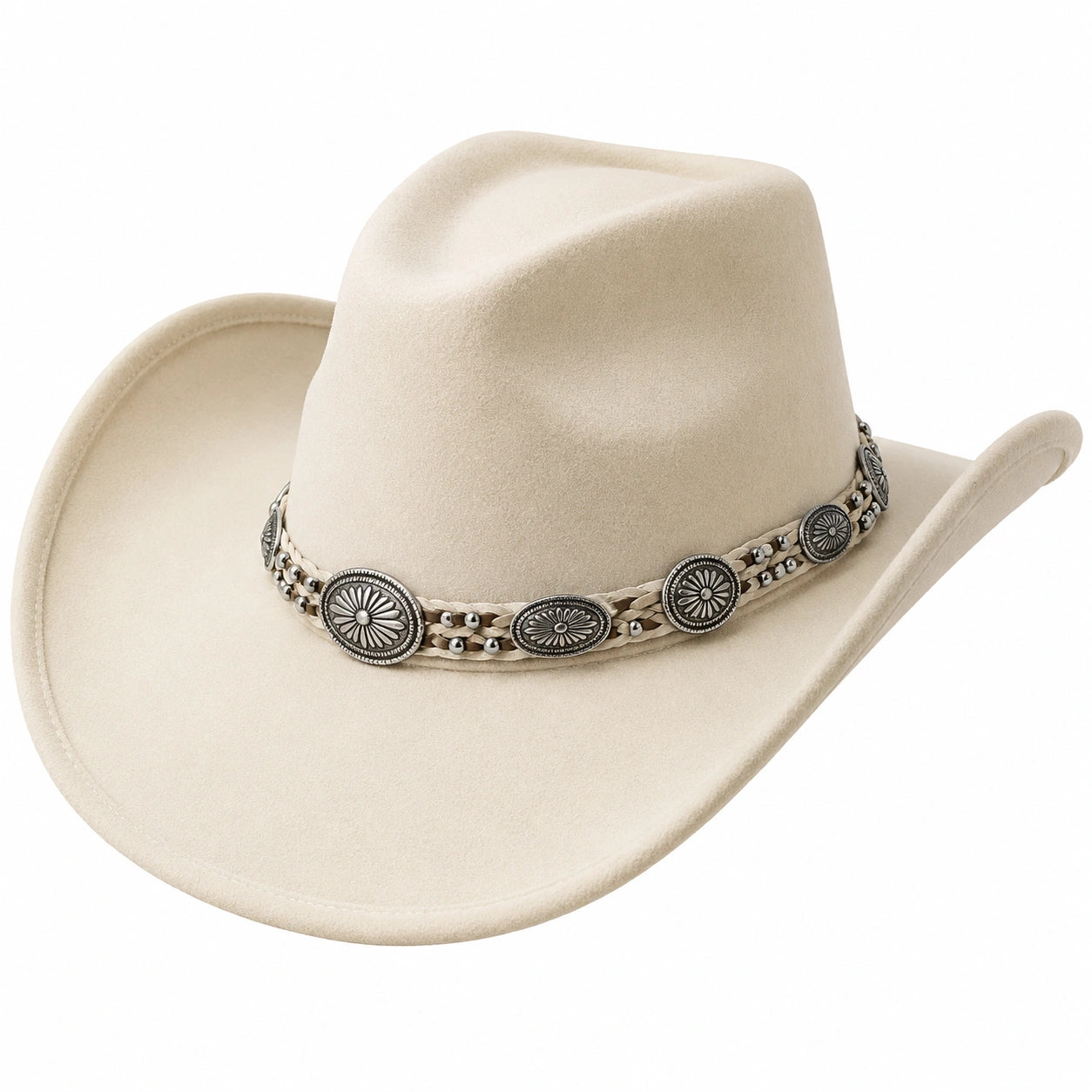 Cappello da Cowboy con Fascia Western in Metallo Beige