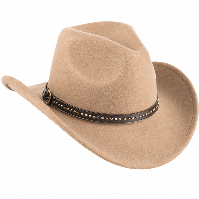 Cappello Western in Feltro Beige con Cinturino Metallo