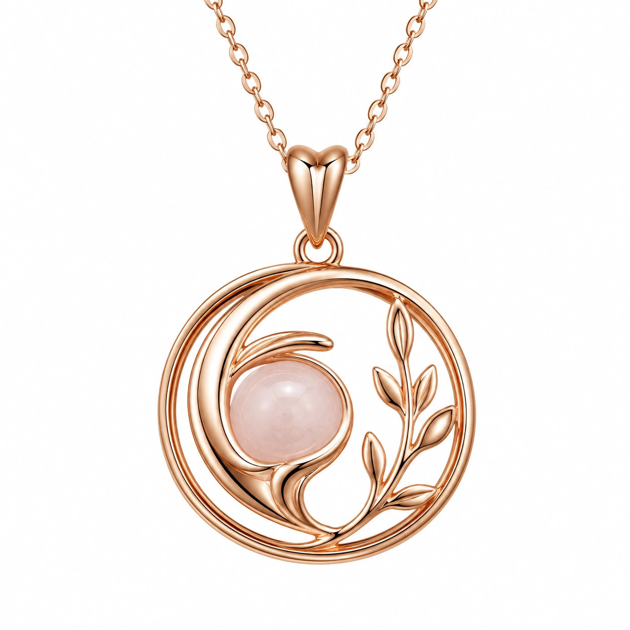 Collana Pendente Circolare con Pietra Rosa e Motivo Floreale in Oro Rosa