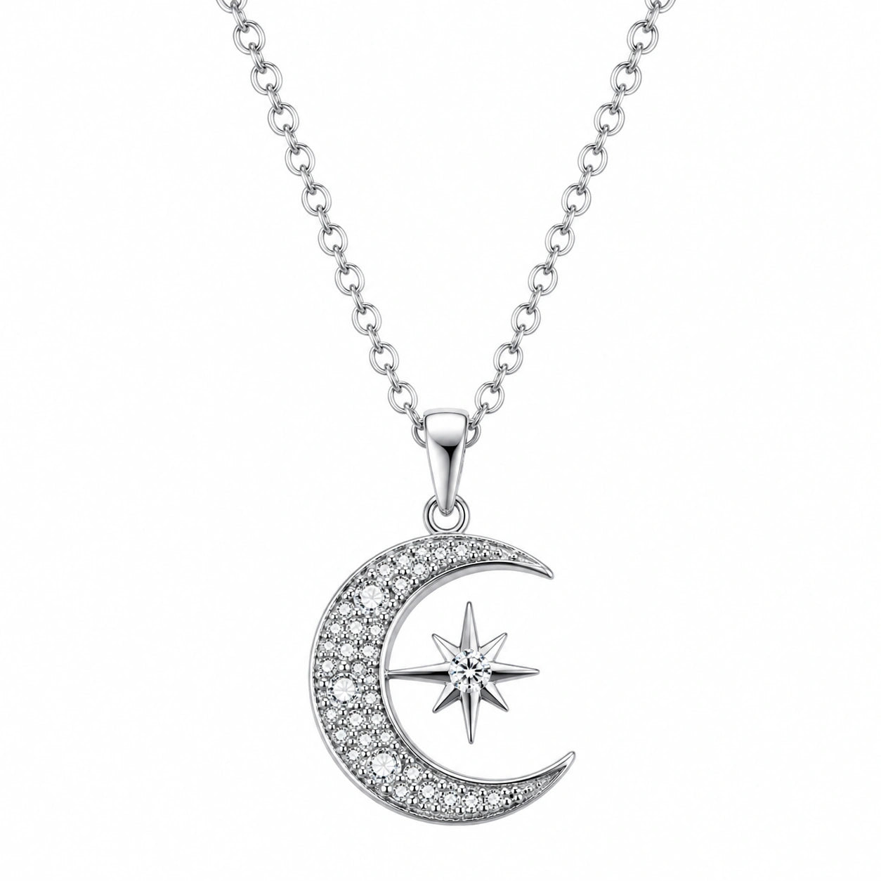 Collana Pendente Luna e Stella in Argento con Cristalli