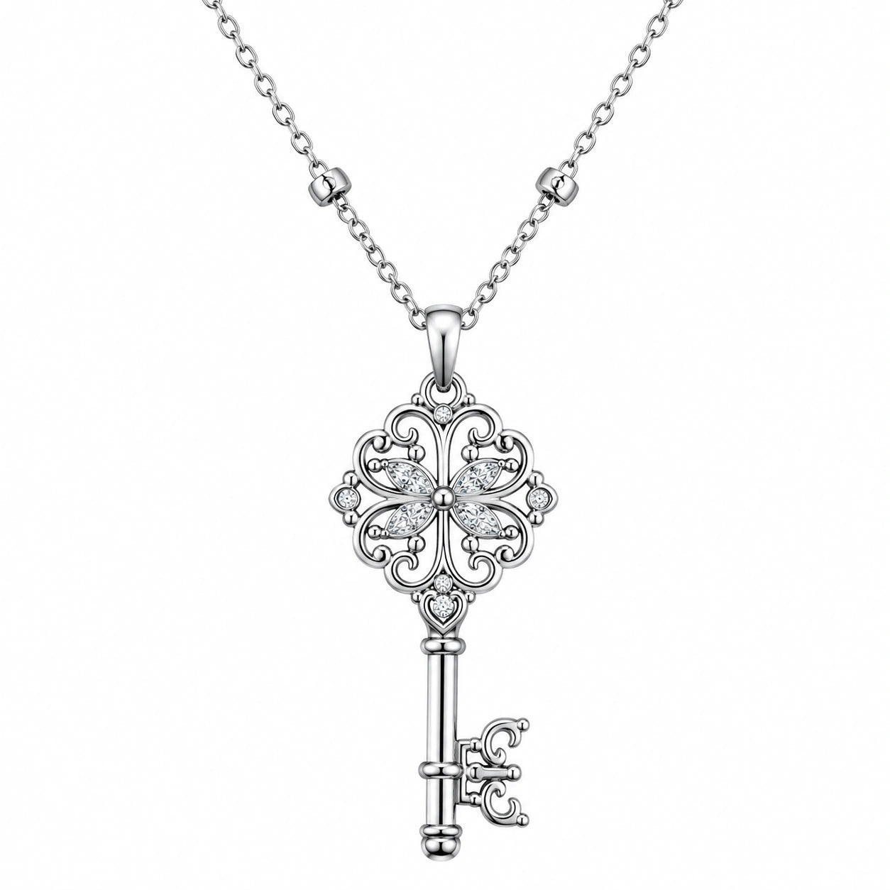 Collana con Pendente a Chiave Fiori Elegante in Argento